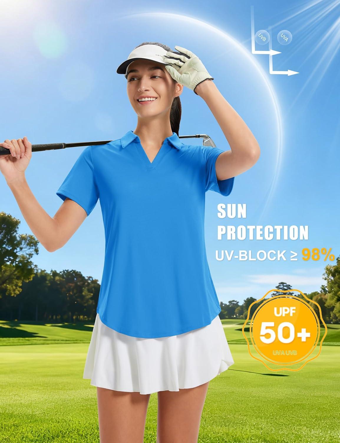 imageMAGCOMSEN Womens Golf Shirts Short Sleeve Polo UPF 50 V Neck Collared Tops Quick Dry Tennis Athletic T ShirtsAzure