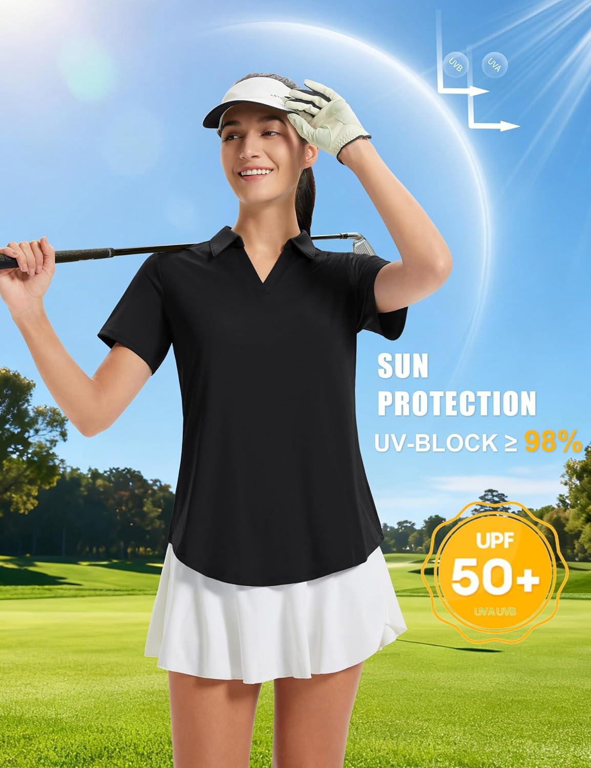 imageMAGCOMSEN Womens Golf Shirts Short Sleeve Polo UPF 50 V Neck Collared Tops Quick Dry Tennis Athletic T ShirtsBlack