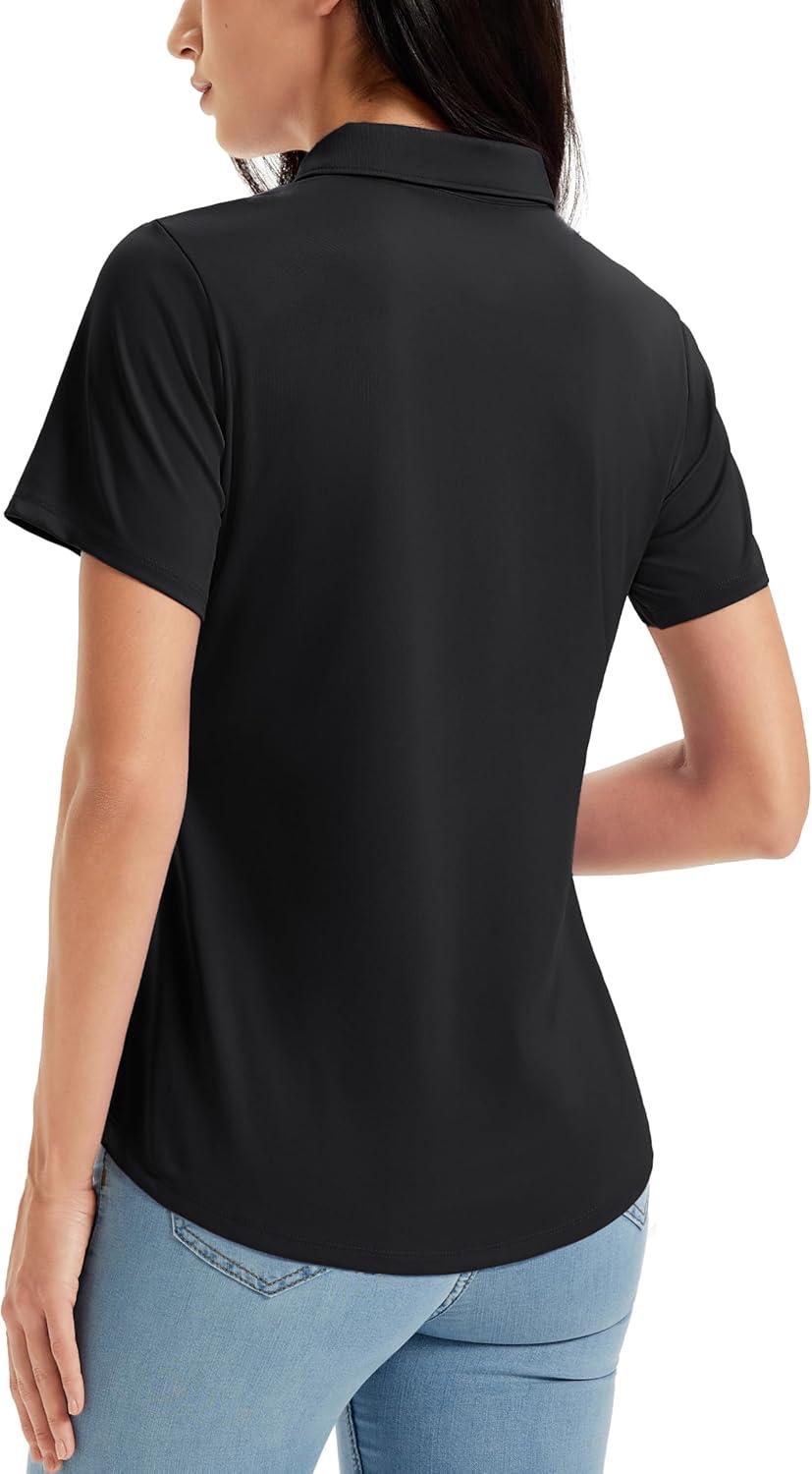 imageMAGCOMSEN Womens Golf Shirts Short Sleeve Polo UPF 50 V Neck Collared Tops Quick Dry Tennis Athletic T ShirtsBlack