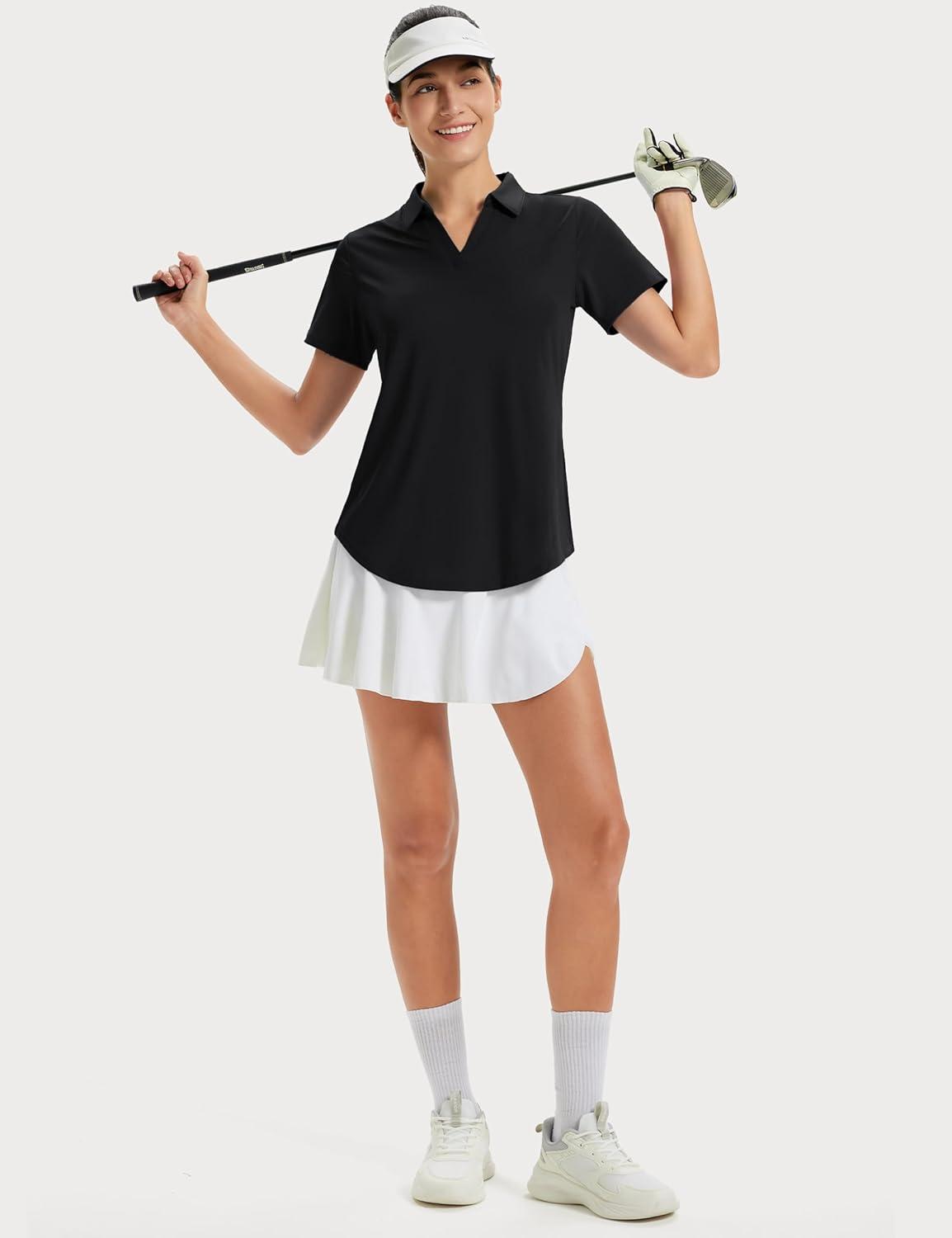 imageMAGCOMSEN Womens Golf Shirts Short Sleeve Polo UPF 50 V Neck Collared Tops Quick Dry Tennis Athletic T ShirtsBlack