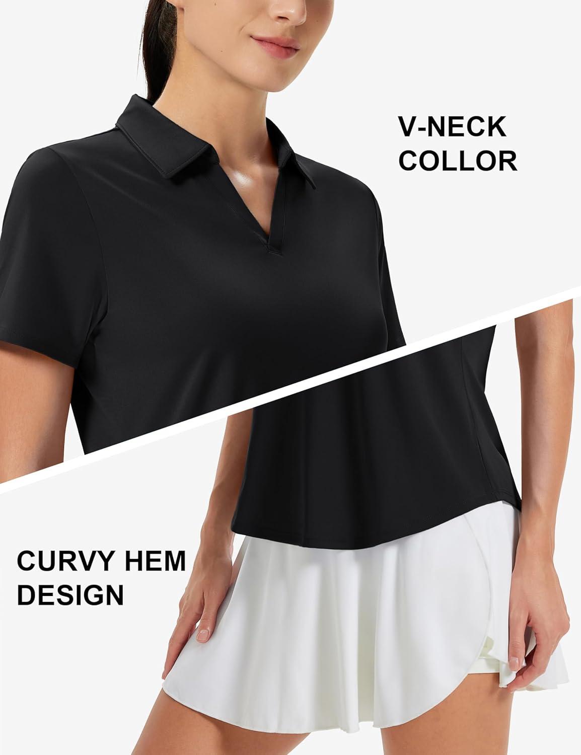 imageMAGCOMSEN Womens Golf Shirts Short Sleeve Polo UPF 50 V Neck Collared Tops Quick Dry Tennis Athletic T ShirtsBlack