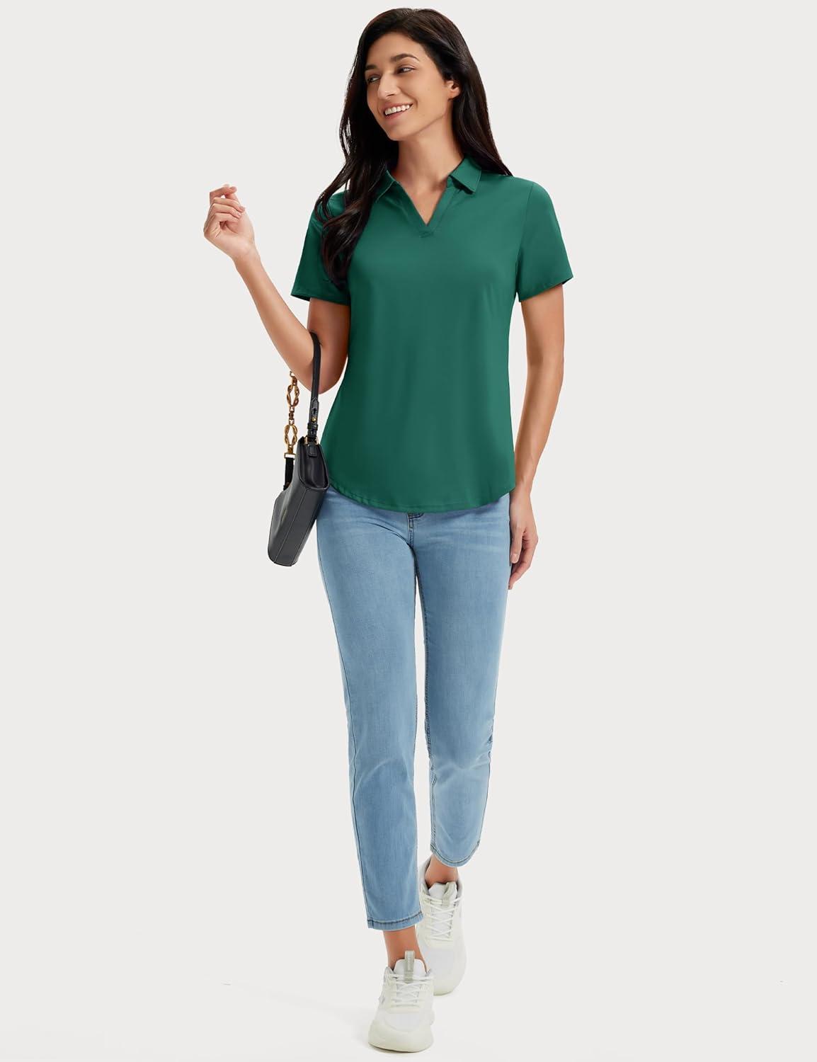 imageMAGCOMSEN Womens Golf Shirts Short Sleeve Polo UPF 50 V Neck Collared Tops Quick Dry Tennis Athletic T ShirtsEmerald Green