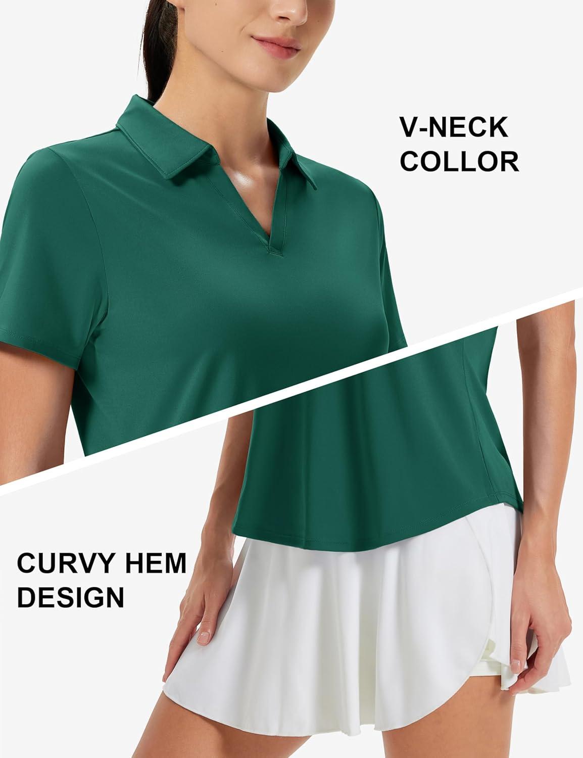 imageMAGCOMSEN Womens Golf Shirts Short Sleeve Polo UPF 50 V Neck Collared Tops Quick Dry Tennis Athletic T ShirtsEmerald Green