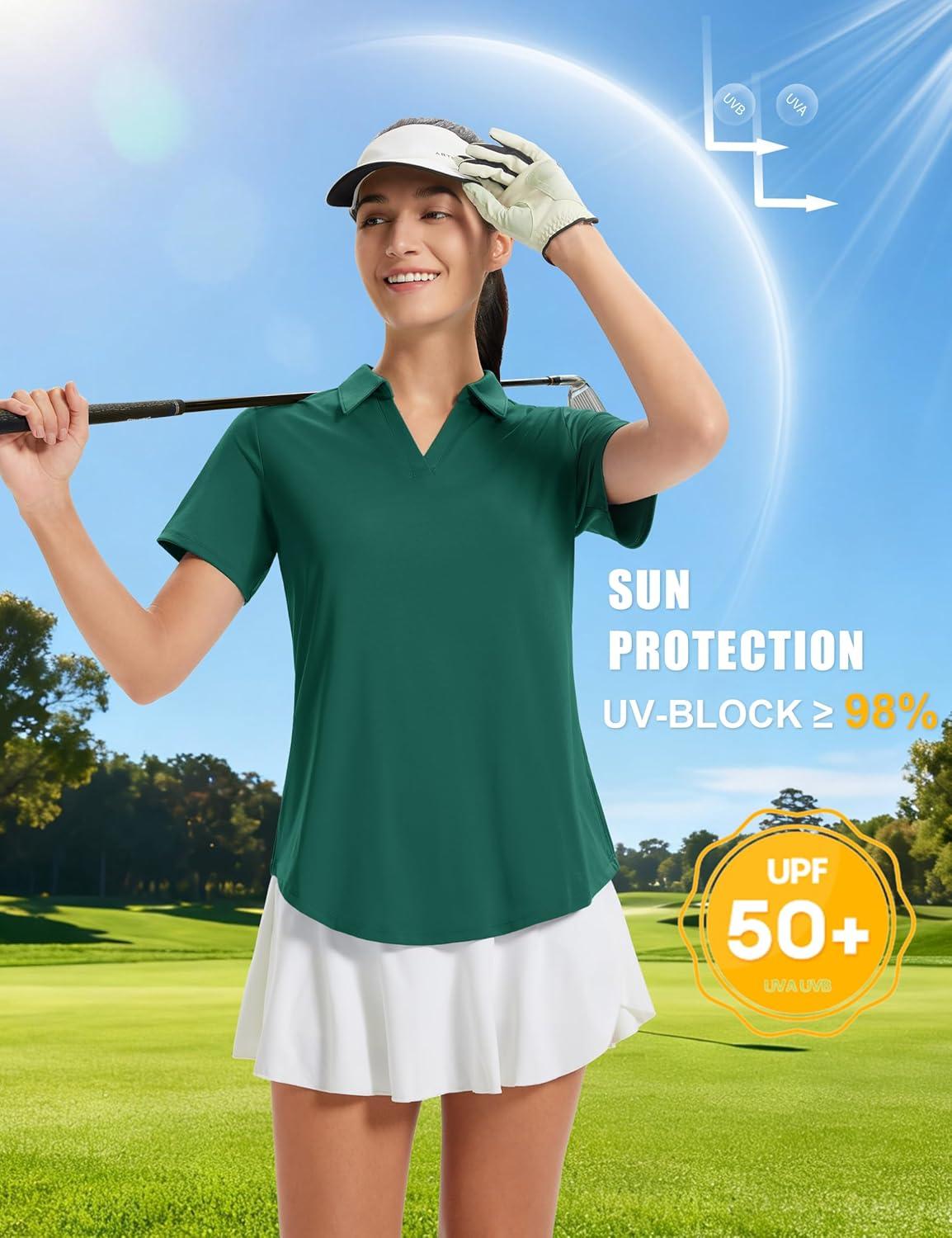 imageMAGCOMSEN Womens Golf Shirts Short Sleeve Polo UPF 50 V Neck Collared Tops Quick Dry Tennis Athletic T ShirtsEmerald Green