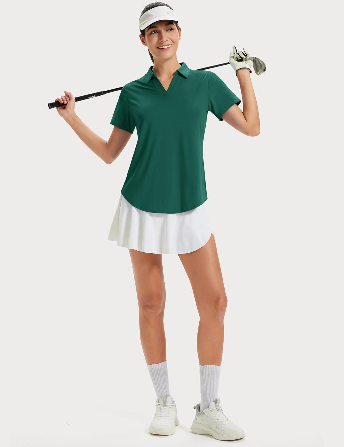 imageMAGCOMSEN Womens Golf Shirts Short Sleeve Polo UPF 50 V Neck Collared Tops Quick Dry Tennis Athletic T ShirtsEmerald Green