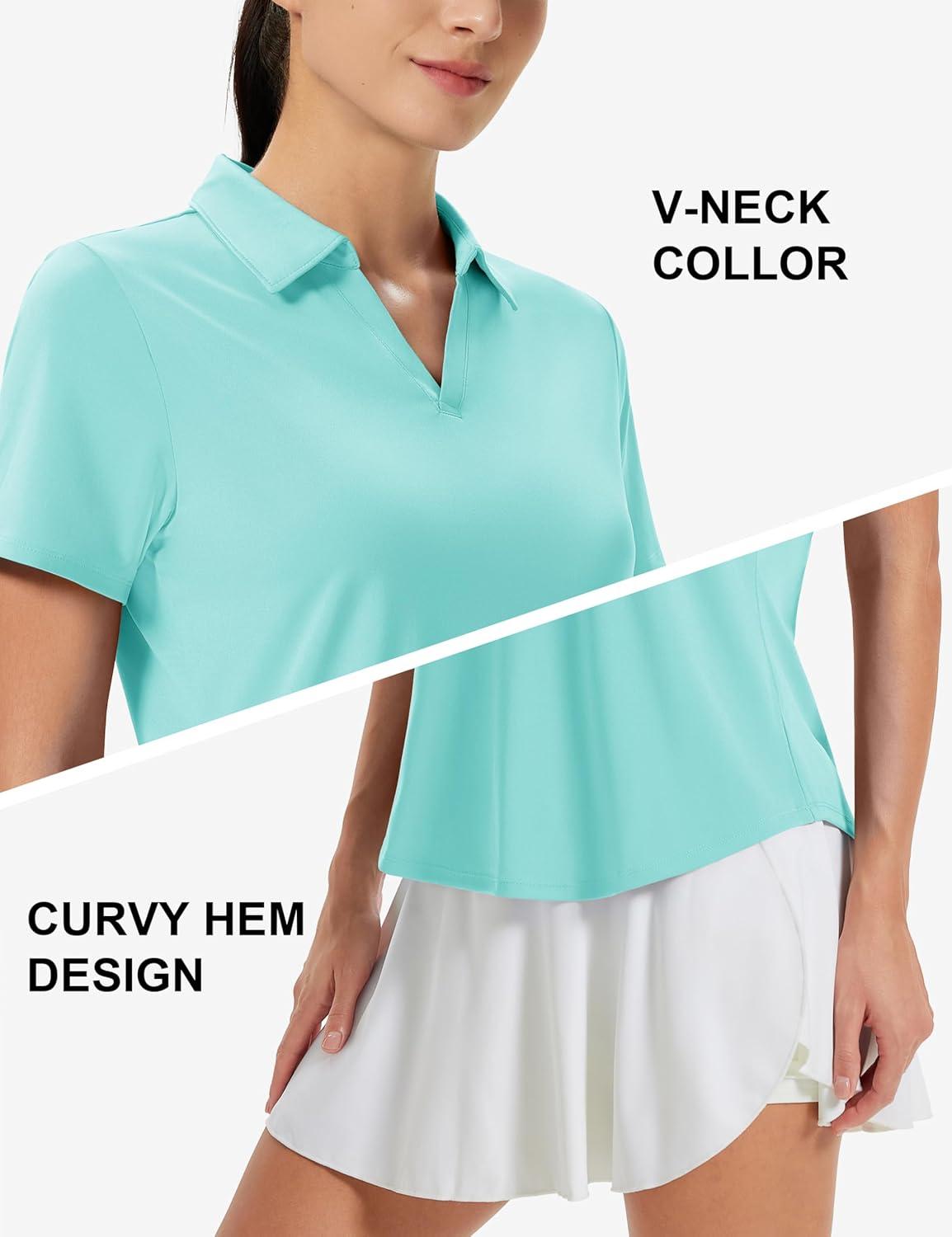 imageMAGCOMSEN Womens Golf Shirts Short Sleeve Polo UPF 50 V Neck Collared Tops Quick Dry Tennis Athletic T ShirtsLight Lake Blue
