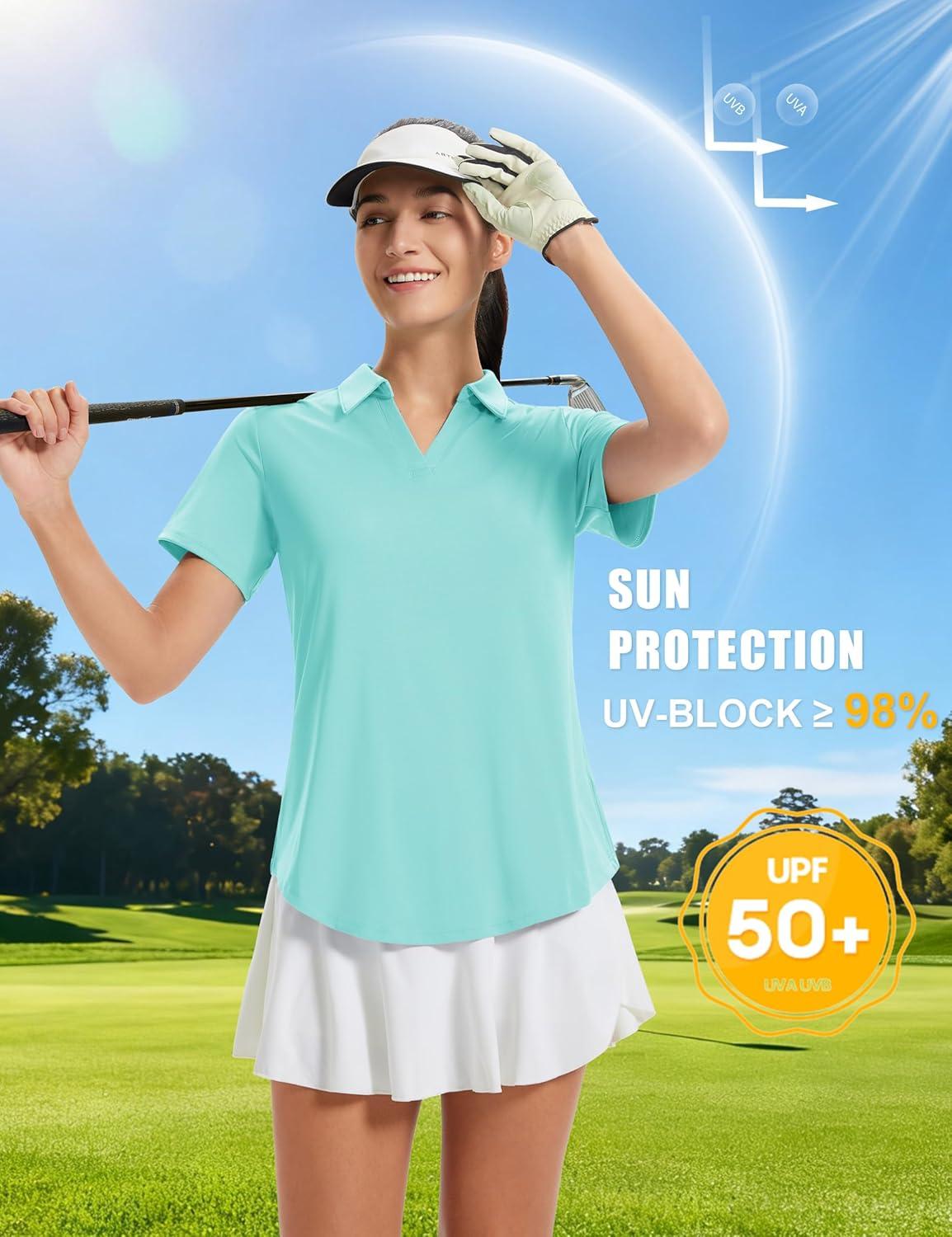 imageMAGCOMSEN Womens Golf Shirts Short Sleeve Polo UPF 50 V Neck Collared Tops Quick Dry Tennis Athletic T ShirtsLight Lake Blue