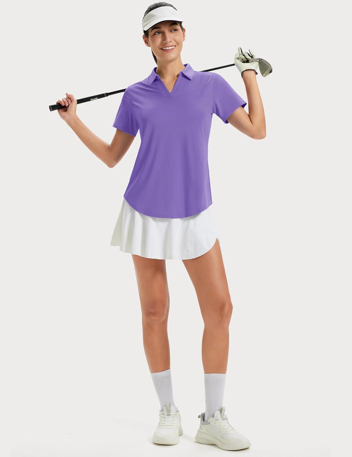 imageMAGCOMSEN Womens Golf Shirts Short Sleeve Polo UPF 50 V Neck Collared Tops Quick Dry Tennis Athletic T ShirtsLight Purple