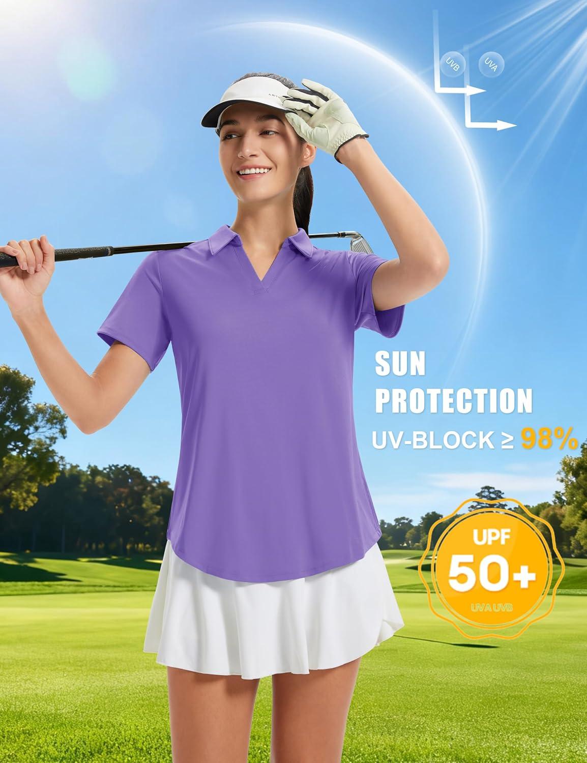 imageMAGCOMSEN Womens Golf Shirts Short Sleeve Polo UPF 50 V Neck Collared Tops Quick Dry Tennis Athletic T ShirtsLight Purple
