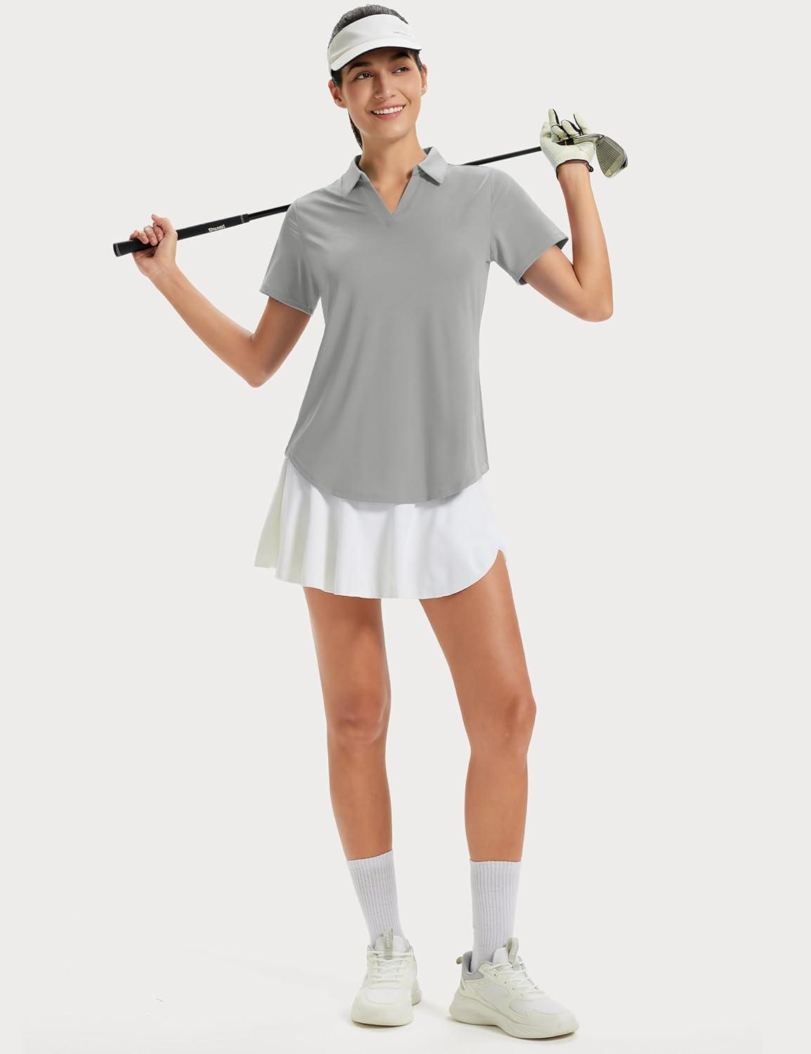 imageMAGCOMSEN Womens Golf Shirts Short Sleeve Polo UPF 50 V Neck Collared Tops Quick Dry Tennis Athletic T ShirtsLightgrey