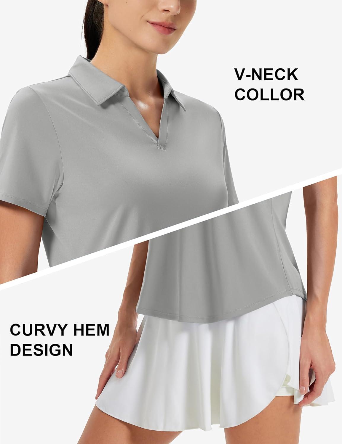 imageMAGCOMSEN Womens Golf Shirts Short Sleeve Polo UPF 50 V Neck Collared Tops Quick Dry Tennis Athletic T ShirtsLightgrey