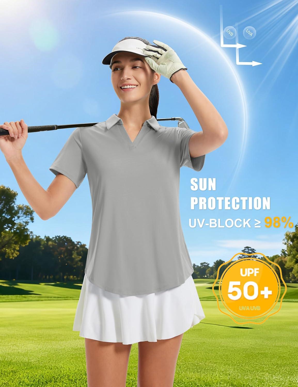 imageMAGCOMSEN Womens Golf Shirts Short Sleeve Polo UPF 50 V Neck Collared Tops Quick Dry Tennis Athletic T ShirtsLightgrey