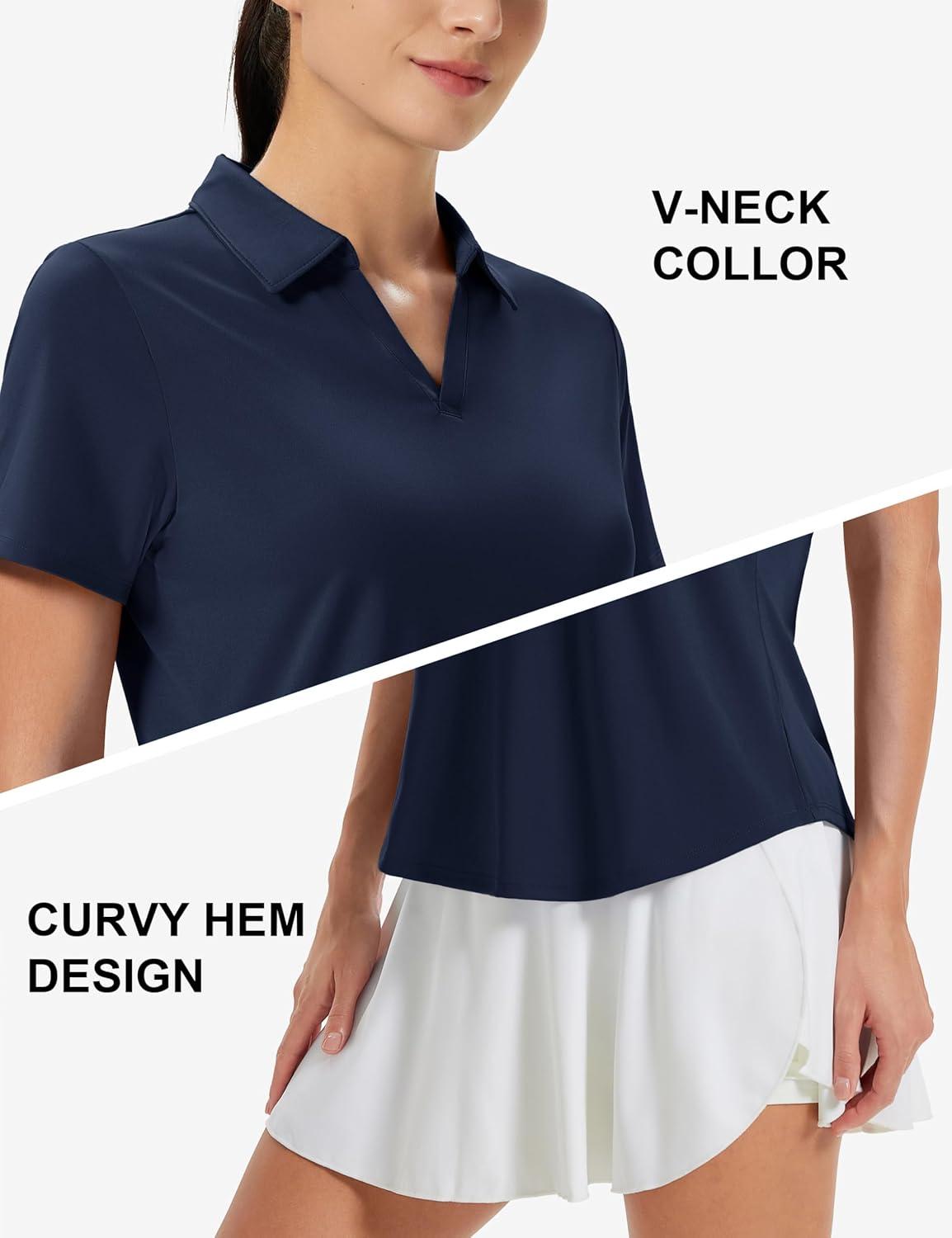 imageMAGCOMSEN Womens Golf Shirts Short Sleeve Polo UPF 50 V Neck Collared Tops Quick Dry Tennis Athletic T ShirtsNavy