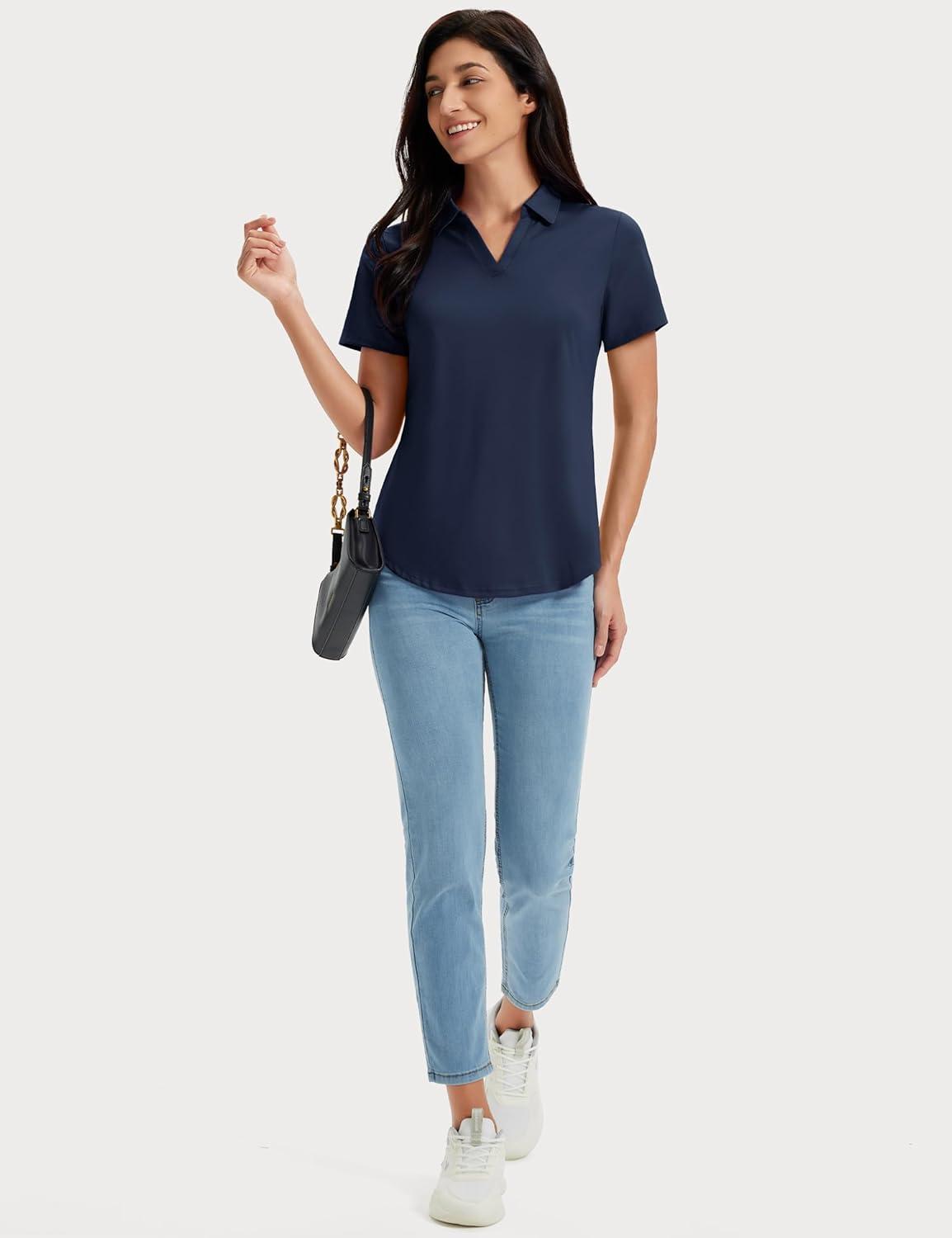 imageMAGCOMSEN Womens Golf Shirts Short Sleeve Polo UPF 50 V Neck Collared Tops Quick Dry Tennis Athletic T ShirtsNavy