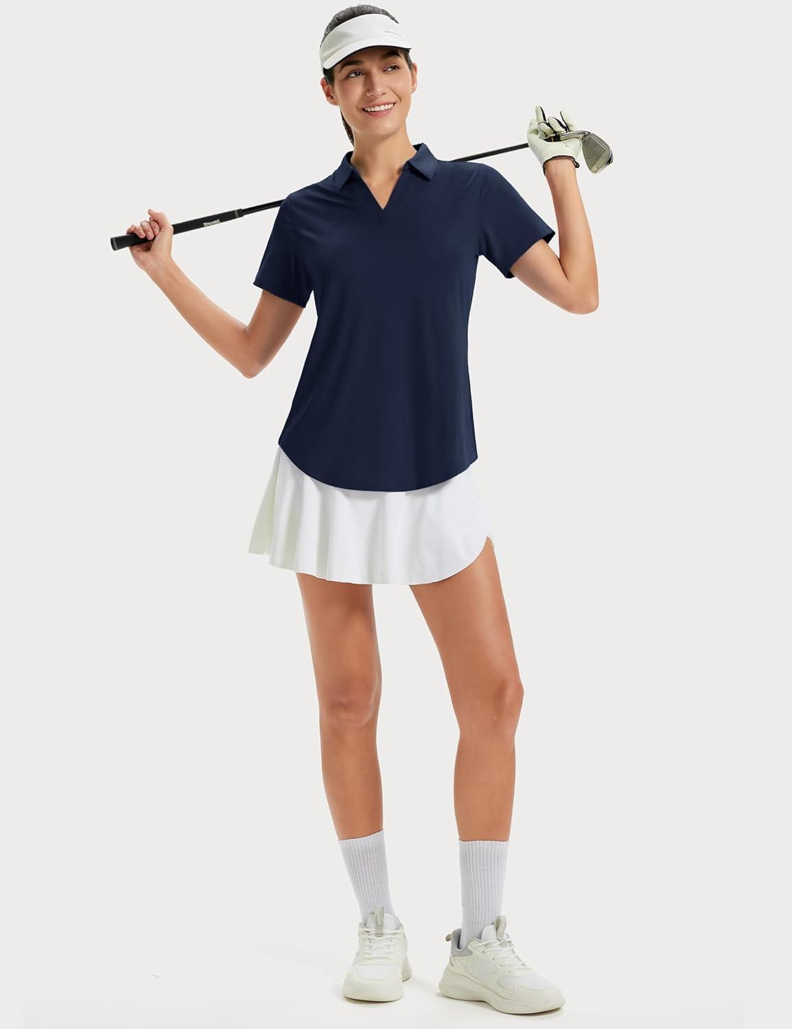 imageMAGCOMSEN Womens Golf Shirts Short Sleeve Polo UPF 50 V Neck Collared Tops Quick Dry Tennis Athletic T ShirtsNavy