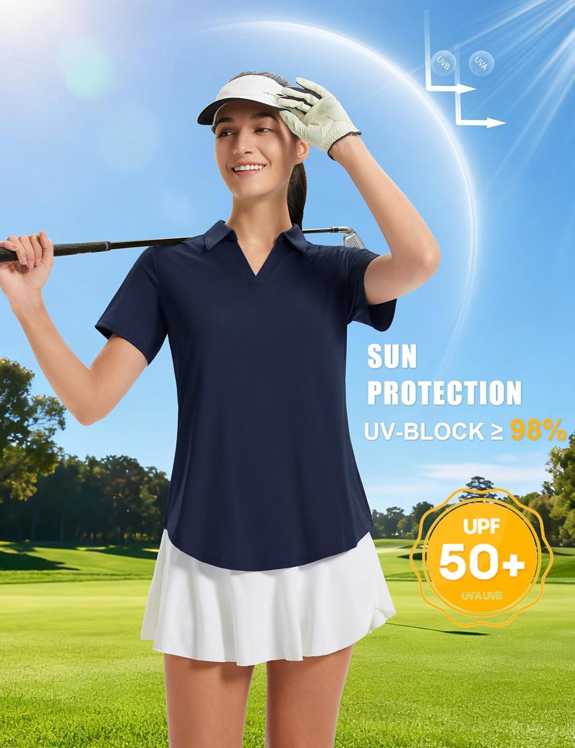 imageMAGCOMSEN Womens Golf Shirts Short Sleeve Polo UPF 50 V Neck Collared Tops Quick Dry Tennis Athletic T ShirtsNavy