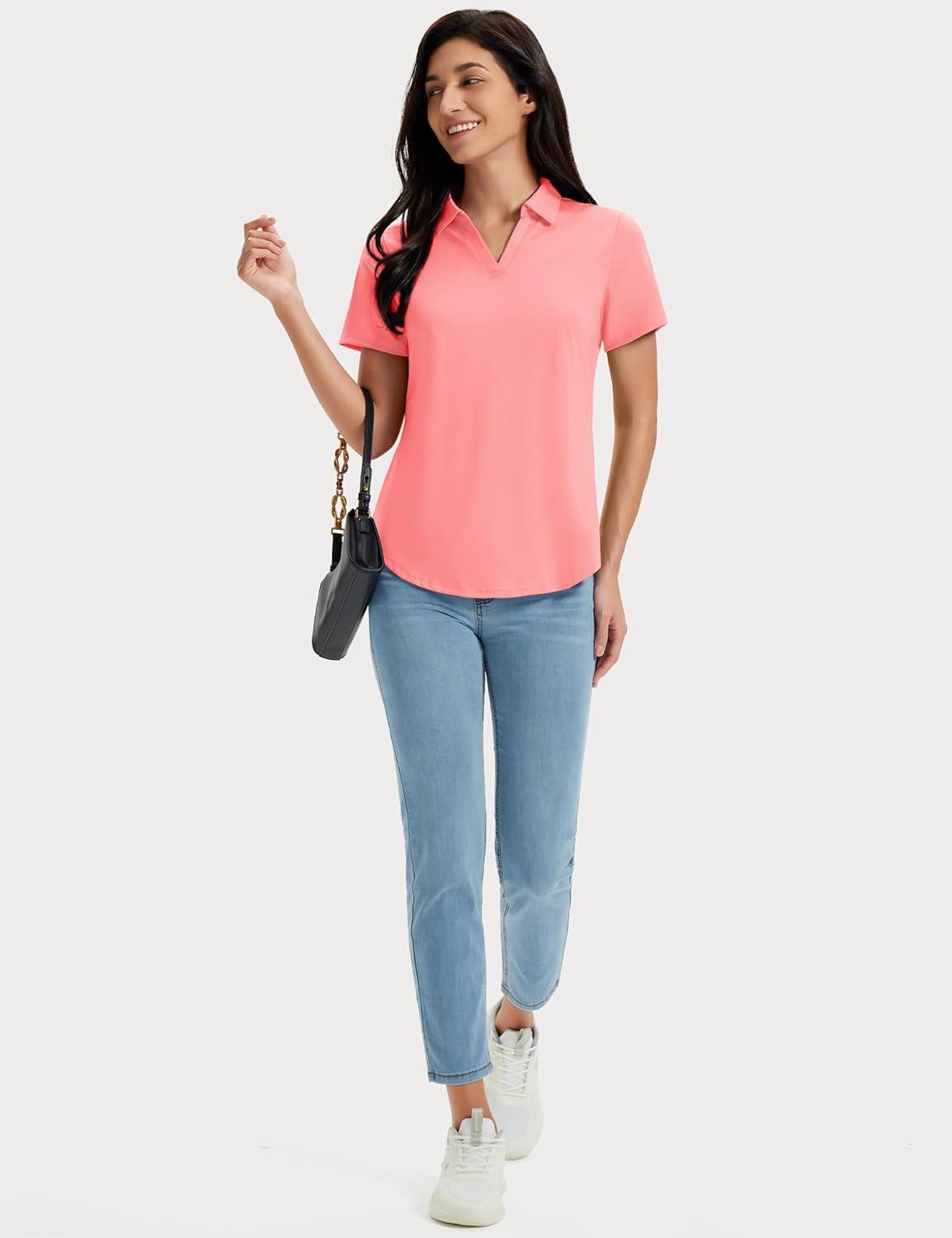 imageMAGCOMSEN Womens Golf Shirts Short Sleeve Polo UPF 50 V Neck Collared Tops Quick Dry Tennis Athletic T ShirtsPink
