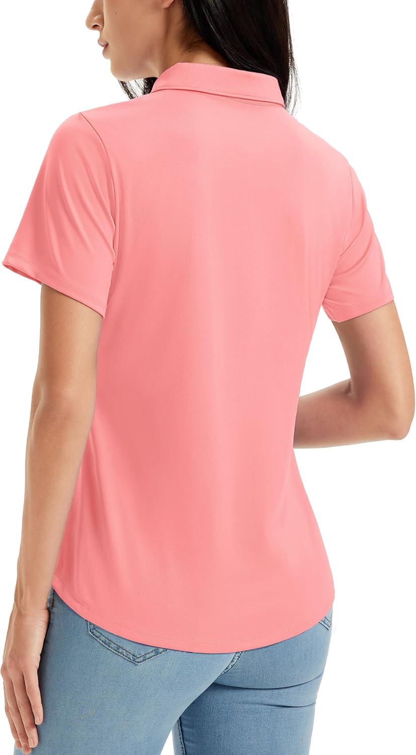 imageMAGCOMSEN Womens Golf Shirts Short Sleeve Polo UPF 50 V Neck Collared Tops Quick Dry Tennis Athletic T ShirtsPink