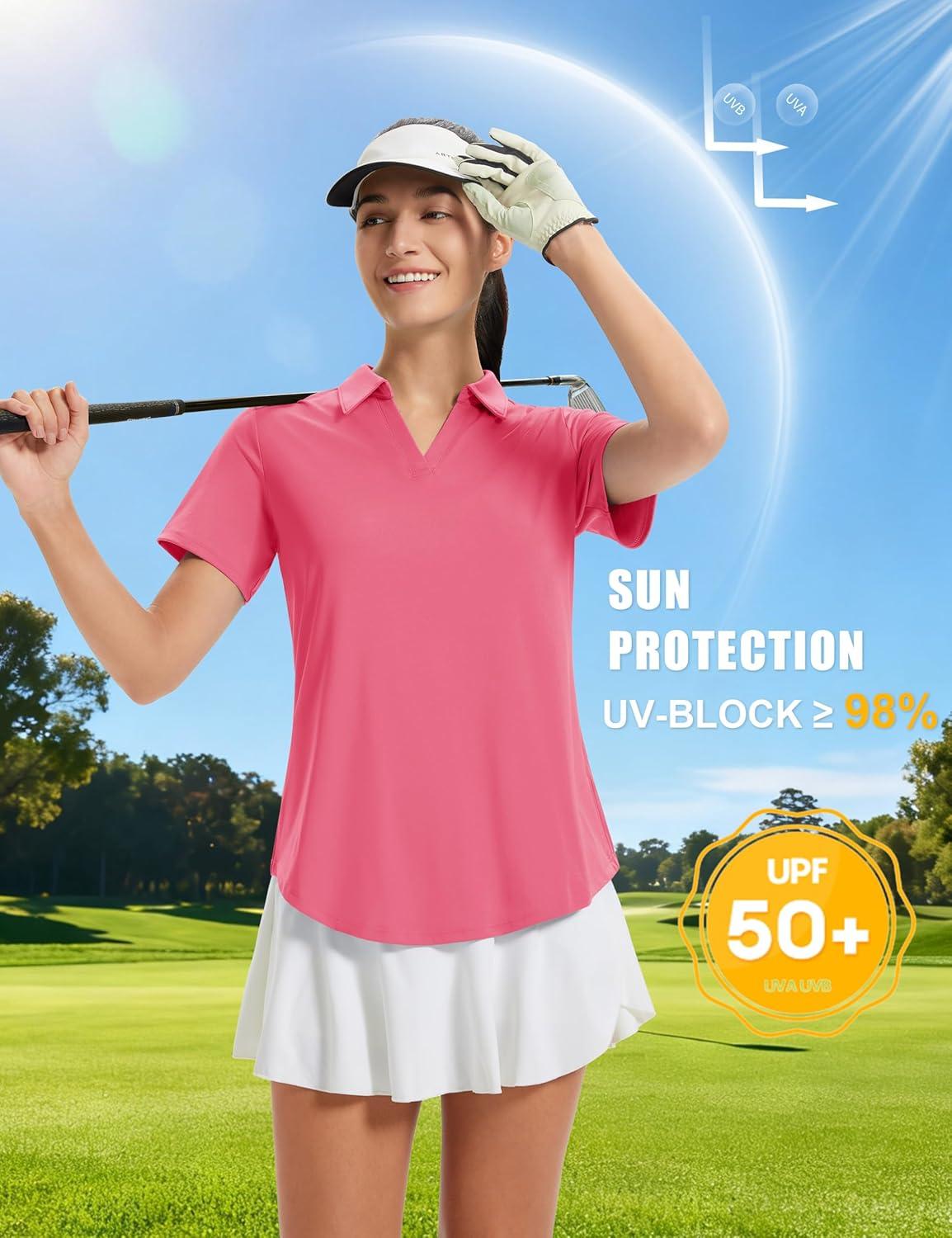 imageMAGCOMSEN Womens Golf Shirts Short Sleeve Polo UPF 50 V Neck Collared Tops Quick Dry Tennis Athletic T ShirtsRosered