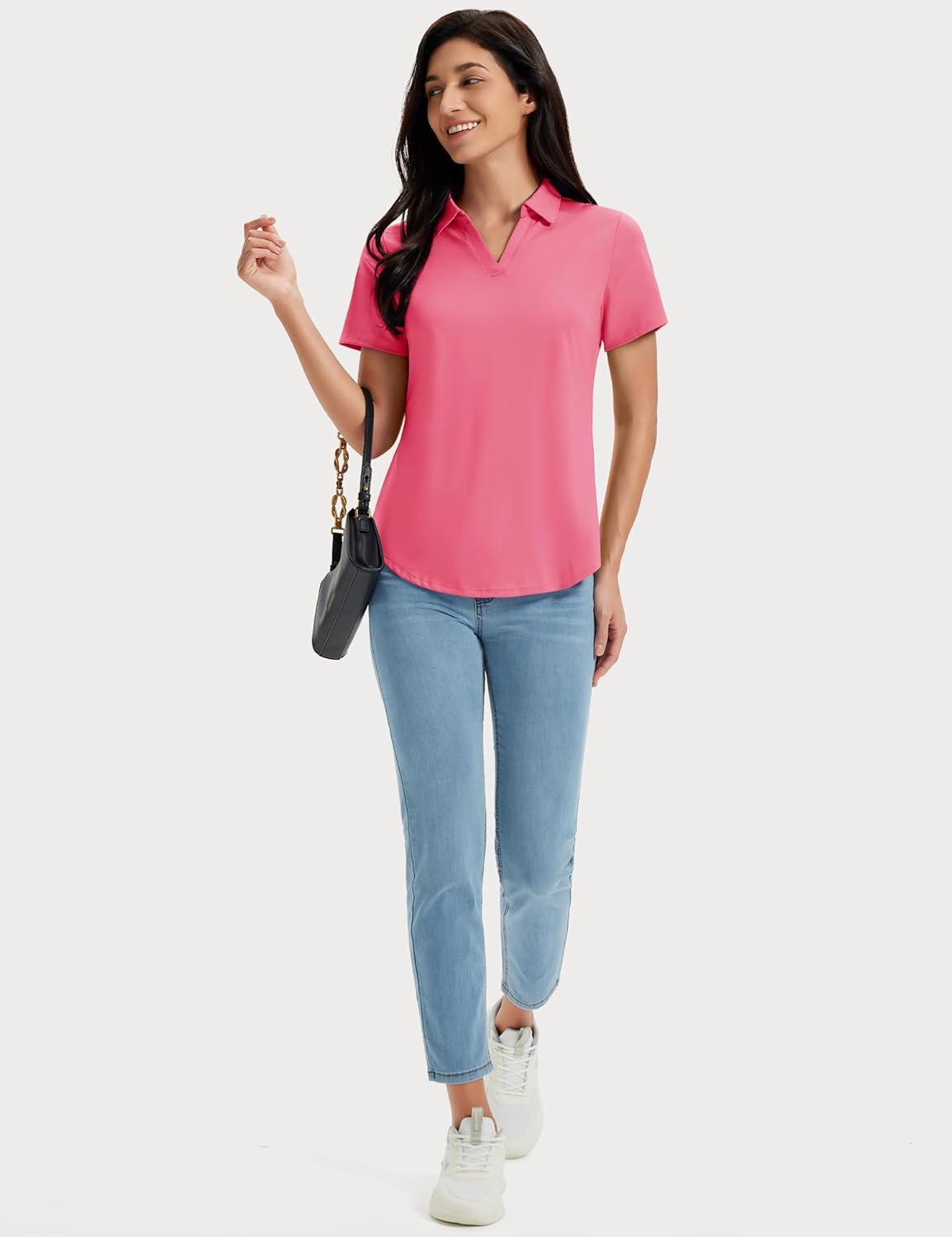 imageMAGCOMSEN Womens Golf Shirts Short Sleeve Polo UPF 50 V Neck Collared Tops Quick Dry Tennis Athletic T ShirtsRosered