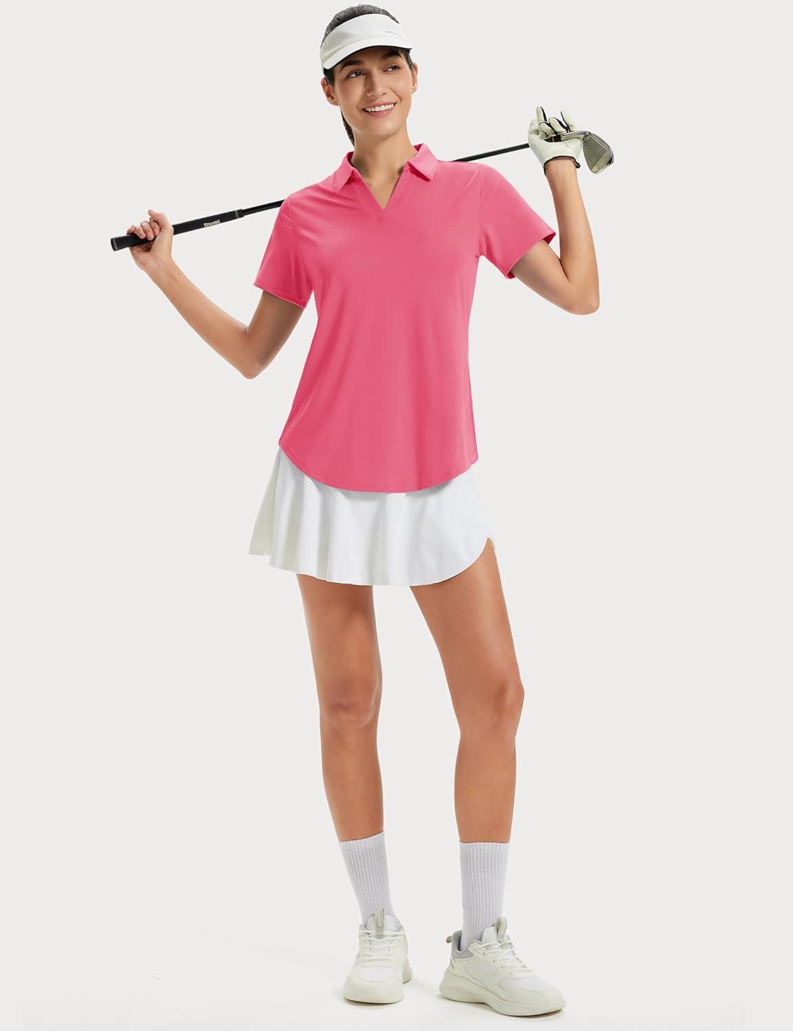 imageMAGCOMSEN Womens Golf Shirts Short Sleeve Polo UPF 50 V Neck Collared Tops Quick Dry Tennis Athletic T ShirtsRosered