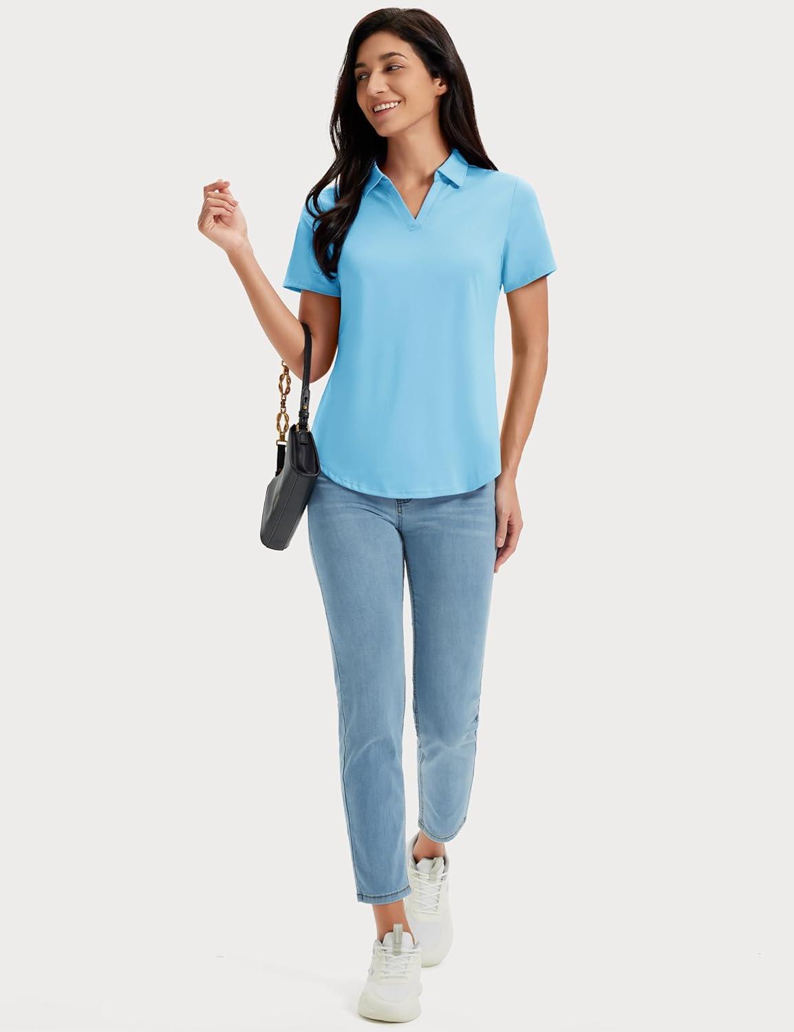 imageMAGCOMSEN Womens Golf Shirts Short Sleeve Polo UPF 50 V Neck Collared Tops Quick Dry Tennis Athletic T ShirtsSkyblue