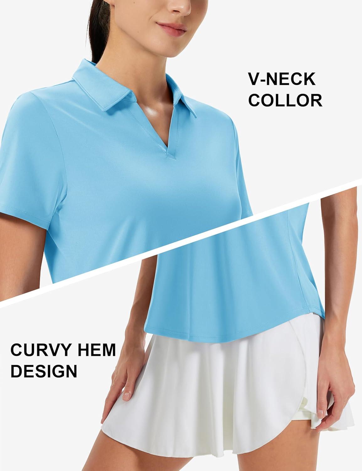imageMAGCOMSEN Womens Golf Shirts Short Sleeve Polo UPF 50 V Neck Collared Tops Quick Dry Tennis Athletic T ShirtsSkyblue