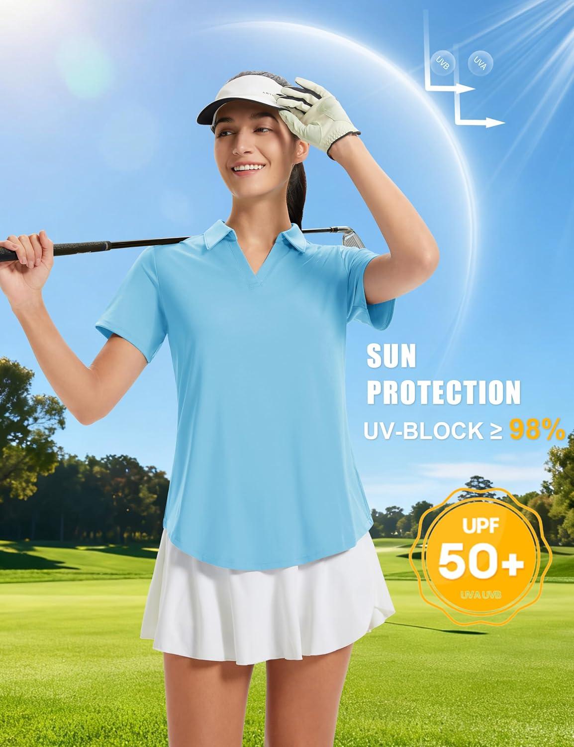 imageMAGCOMSEN Womens Golf Shirts Short Sleeve Polo UPF 50 V Neck Collared Tops Quick Dry Tennis Athletic T ShirtsSkyblue