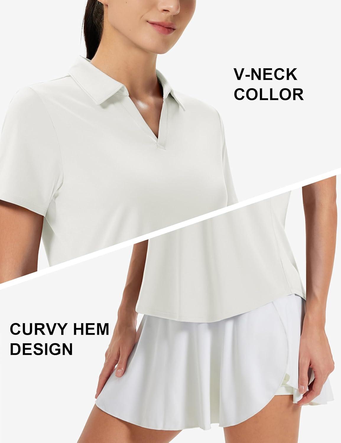 imageMAGCOMSEN Womens Golf Shirts Short Sleeve Polo UPF 50 V Neck Collared Tops Quick Dry Tennis Athletic T ShirtsWhite