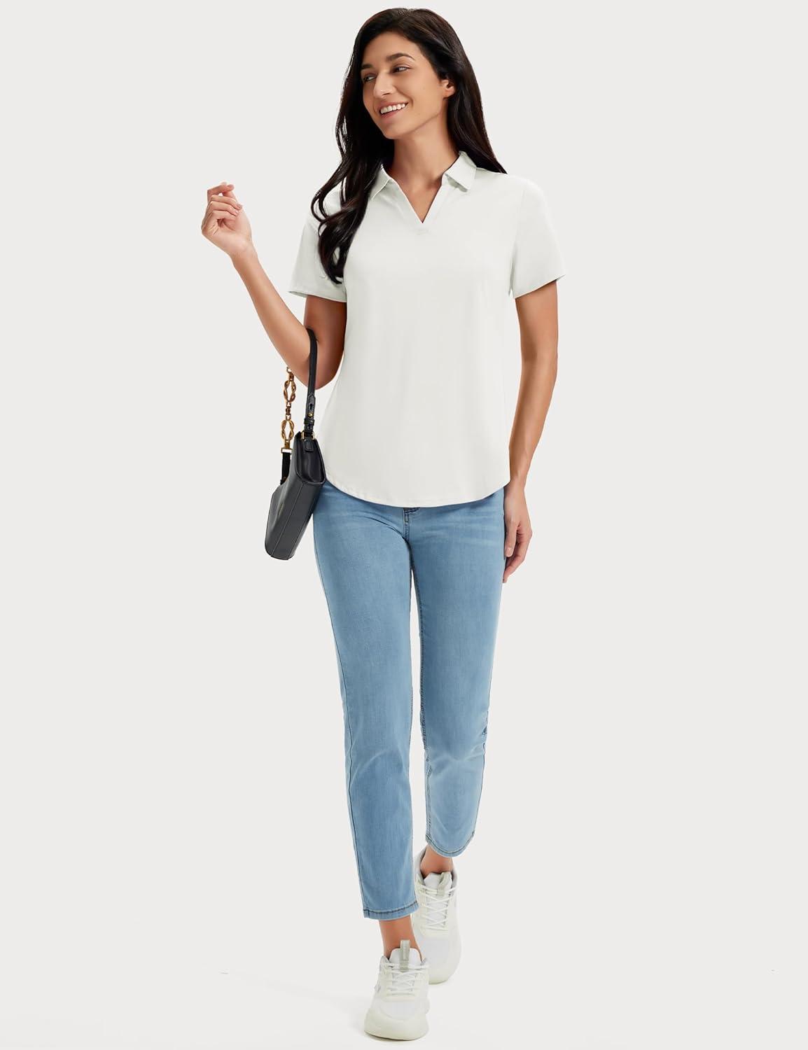 imageMAGCOMSEN Womens Golf Shirts Short Sleeve Polo UPF 50 V Neck Collared Tops Quick Dry Tennis Athletic T ShirtsWhite