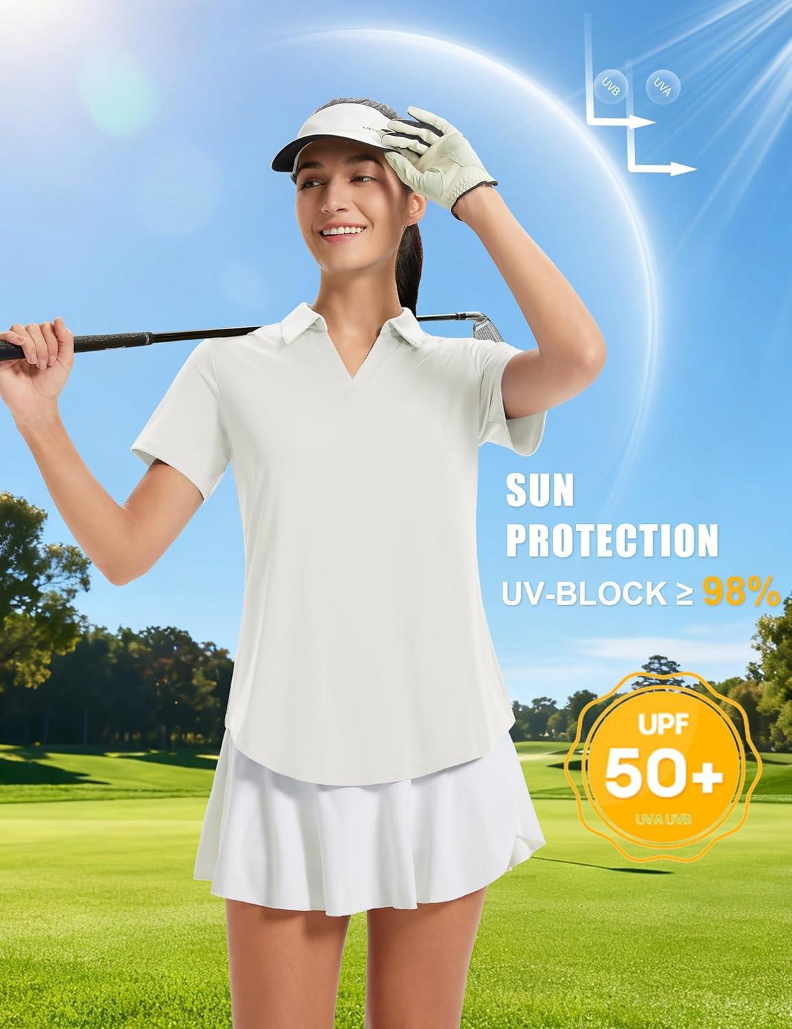 imageMAGCOMSEN Womens Golf Shirts Short Sleeve Polo UPF 50 V Neck Collared Tops Quick Dry Tennis Athletic T ShirtsWhite
