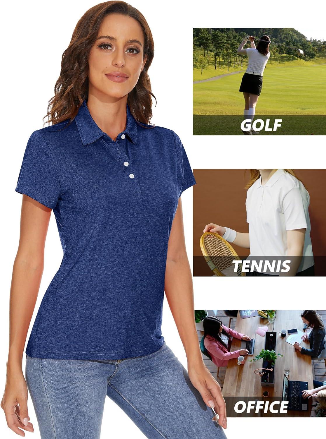 imageMAGCOMSEN Womens Polo Shirts Short Sleeve Quick Dry Golf TShirts Collared Golf Tops for Work Casual 4 ButtonsDark Blue