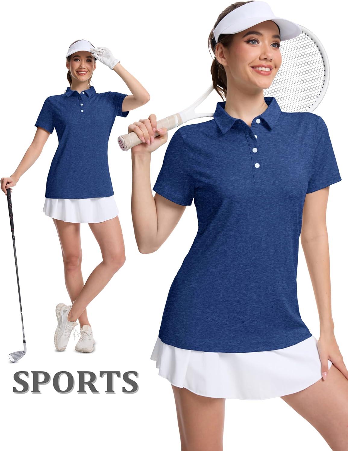 imageMAGCOMSEN Womens Polo Shirts Short Sleeve Quick Dry Golf TShirts Collared Golf Tops for Work Casual 4 ButtonsDark Blue
