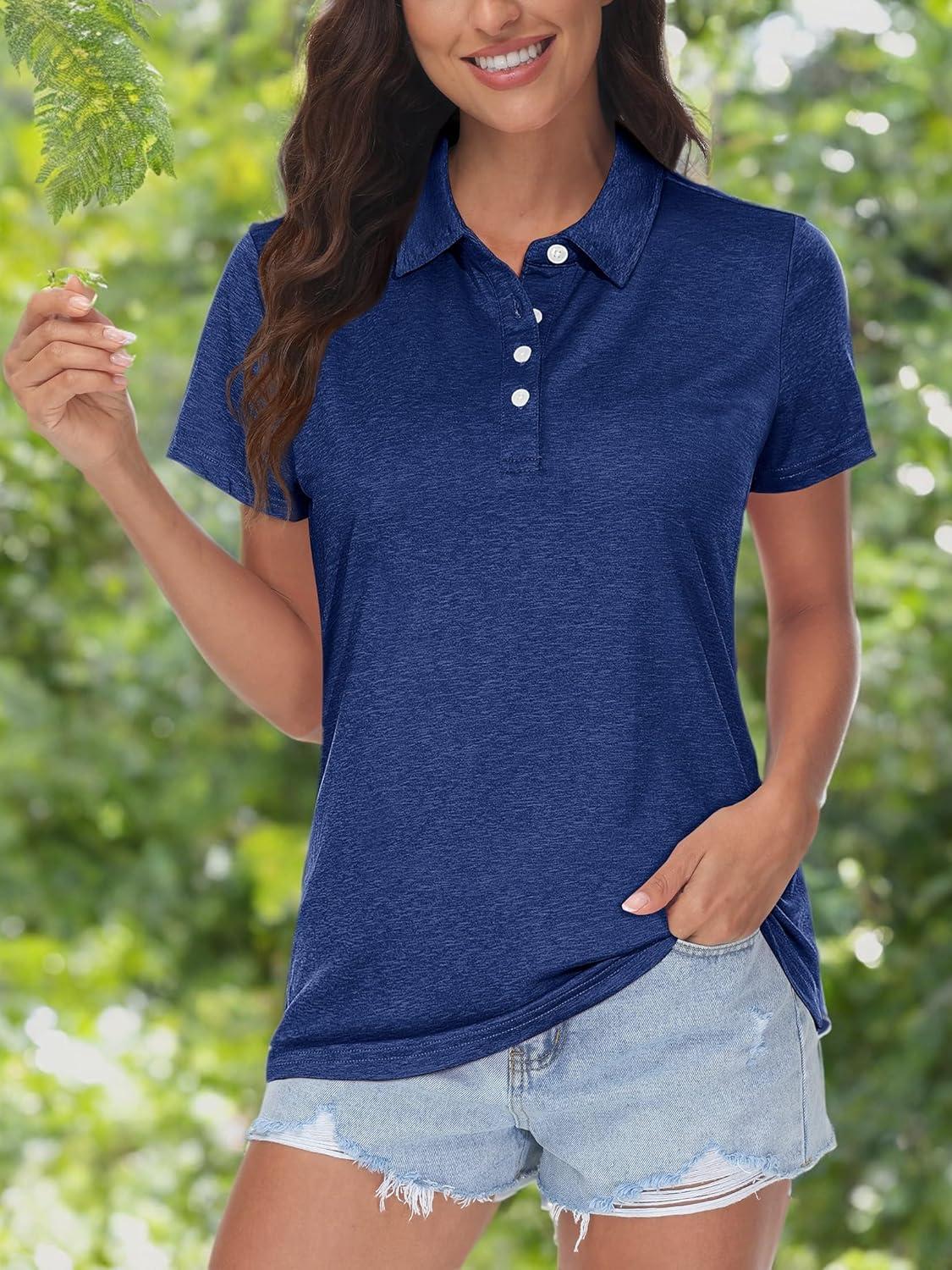 imageMAGCOMSEN Womens Polo Shirts Short Sleeve Quick Dry Golf TShirts Collared Golf Tops for Work Casual 4 ButtonsDark Blue