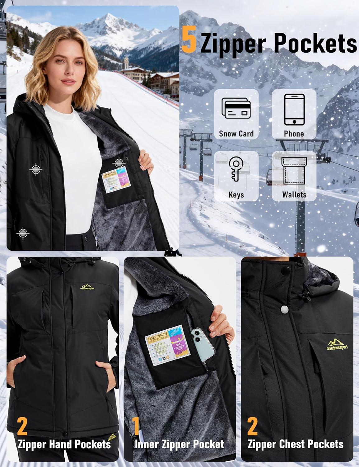 imageMAGCOMSEN Womens Ski Jacket Snow Winter Coat Waterproof Insulated Warm Fleece Thermal Skiing Jacket Windproof RaincoatBlack