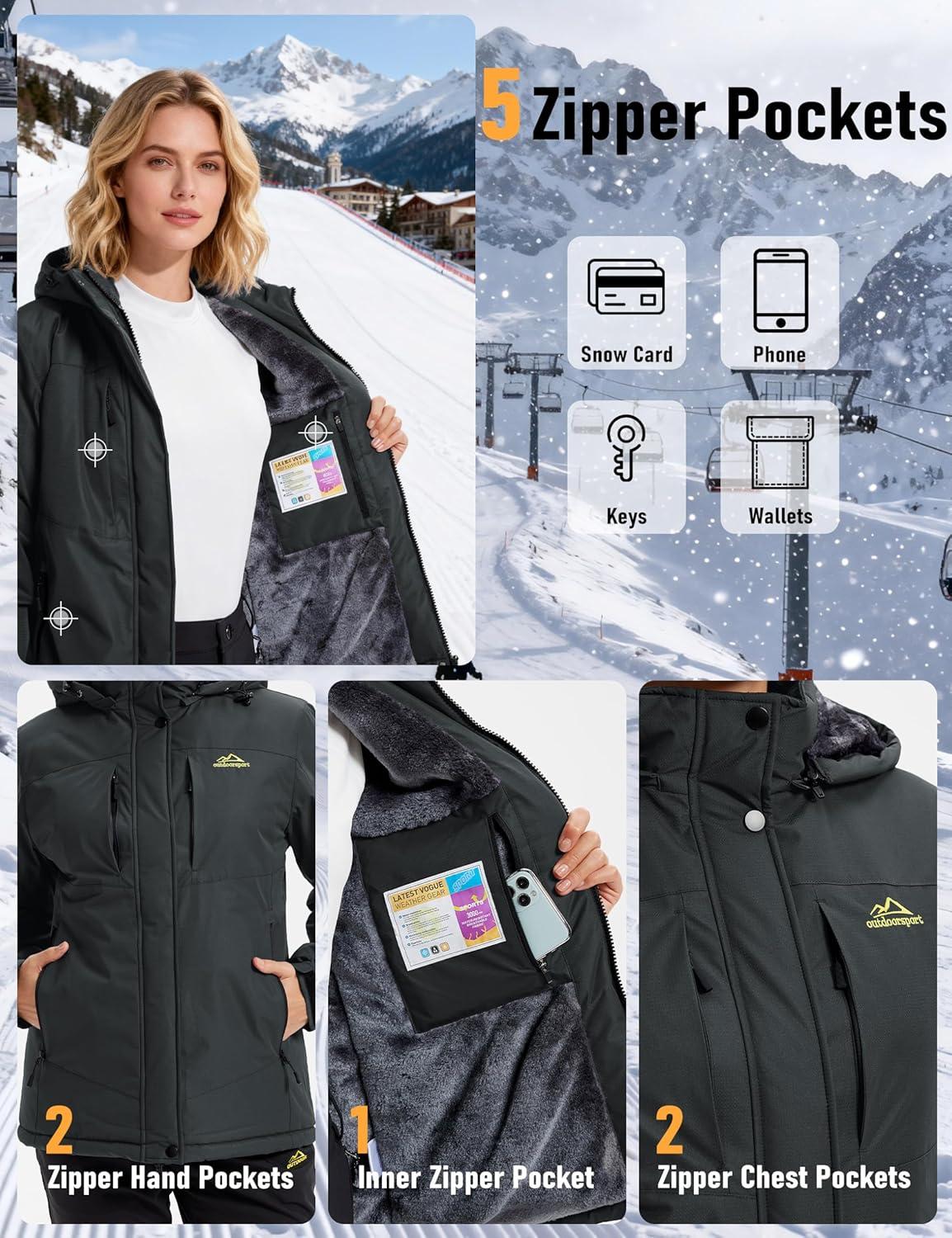 imageMAGCOMSEN Womens Ski Jacket Snow Winter Coat Waterproof Insulated Warm Fleece Thermal Skiing Jacket Windproof RaincoatCarbongrey