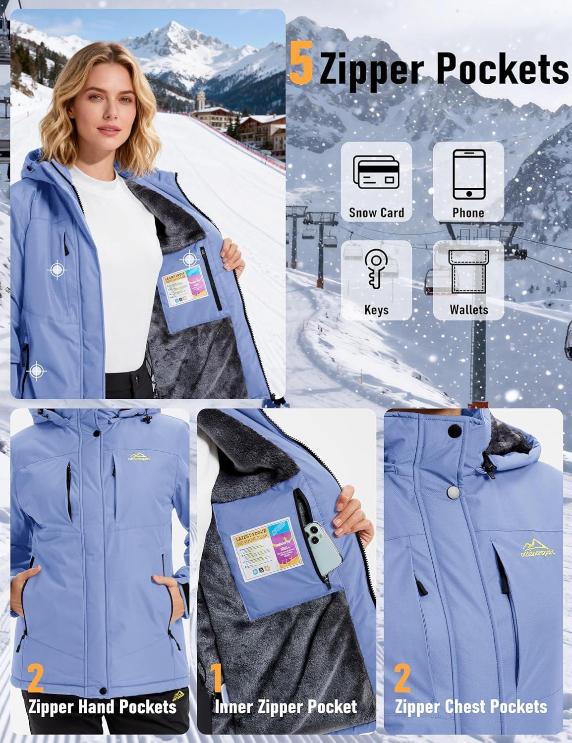 imageMAGCOMSEN Womens Ski Jacket Snow Winter Coat Waterproof Insulated Warm Fleece Thermal Skiing Jacket Windproof RaincoatLight Blue