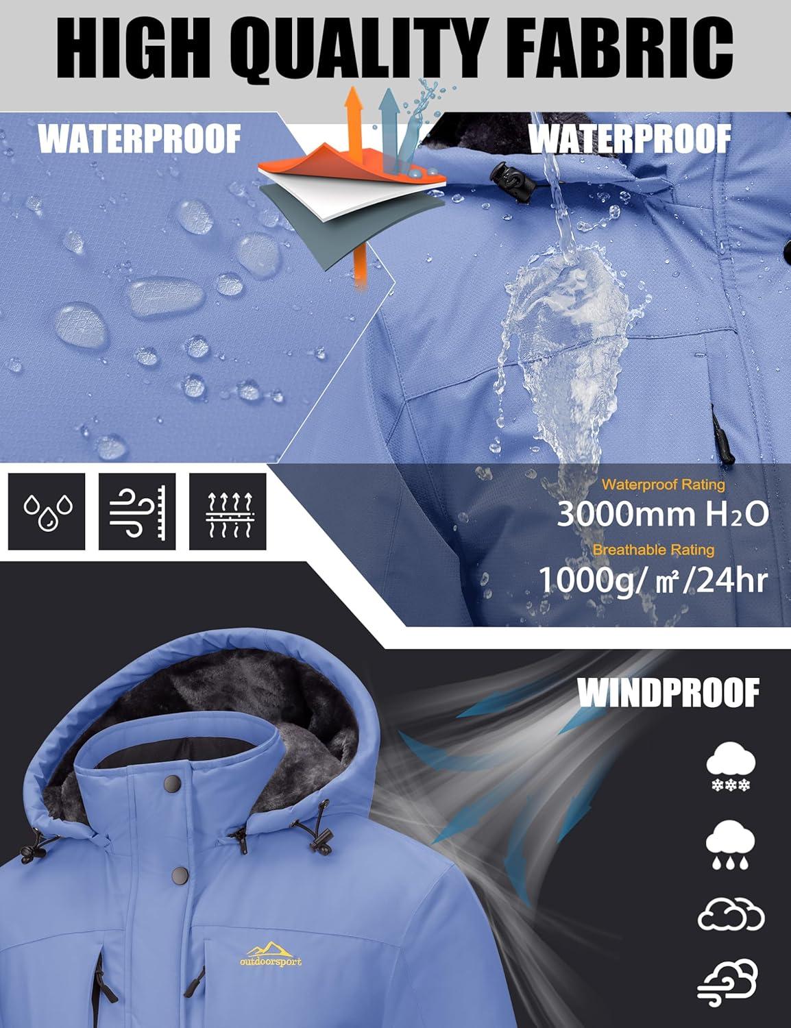 imageMAGCOMSEN Womens Ski Jacket Snow Winter Coat Waterproof Insulated Warm Fleece Thermal Skiing Jacket Windproof RaincoatLight Blue