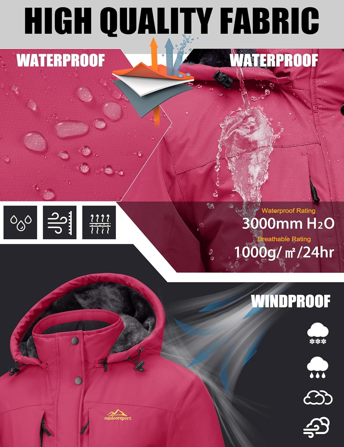 imageMAGCOMSEN Womens Ski Jacket Snow Winter Coat Waterproof Insulated Warm Fleece Thermal Skiing Jacket Windproof RaincoatRosered