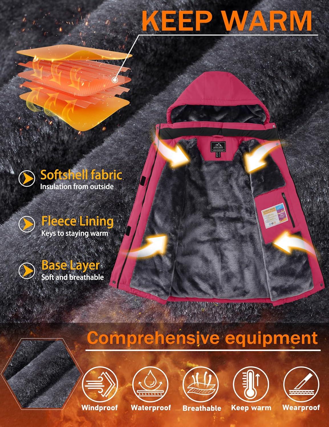 imageMAGCOMSEN Womens Ski Jacket Snow Winter Coat Waterproof Insulated Warm Fleece Thermal Skiing Jacket Windproof RaincoatRosered