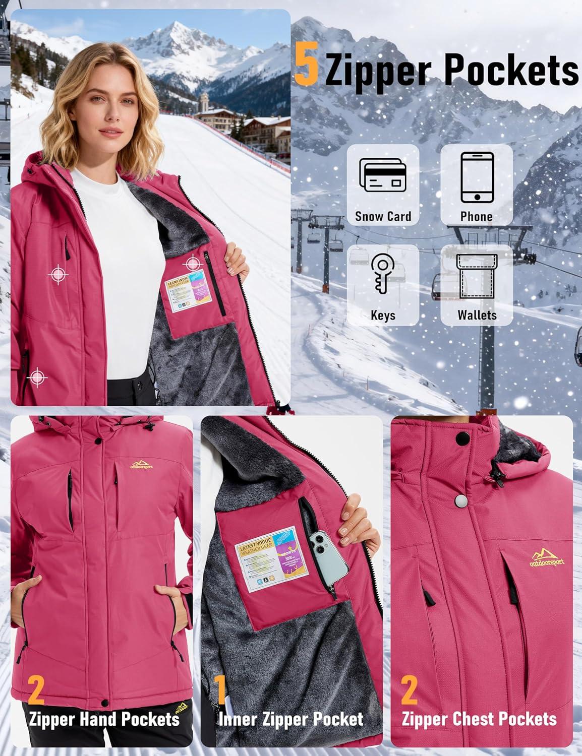 imageMAGCOMSEN Womens Ski Jacket Snow Winter Coat Waterproof Insulated Warm Fleece Thermal Skiing Jacket Windproof RaincoatRosered