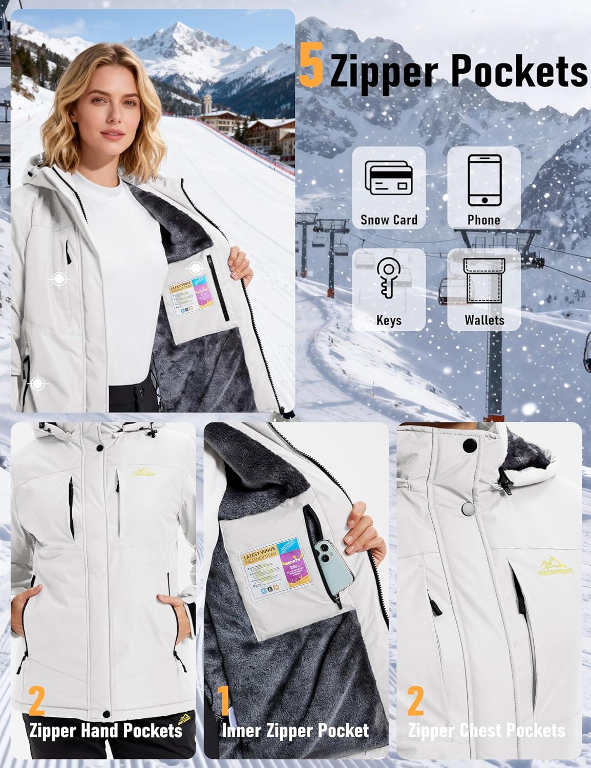 imageMAGCOMSEN Womens Ski Jacket Snow Winter Coat Waterproof Insulated Warm Fleece Thermal Skiing Jacket Windproof RaincoatWhite