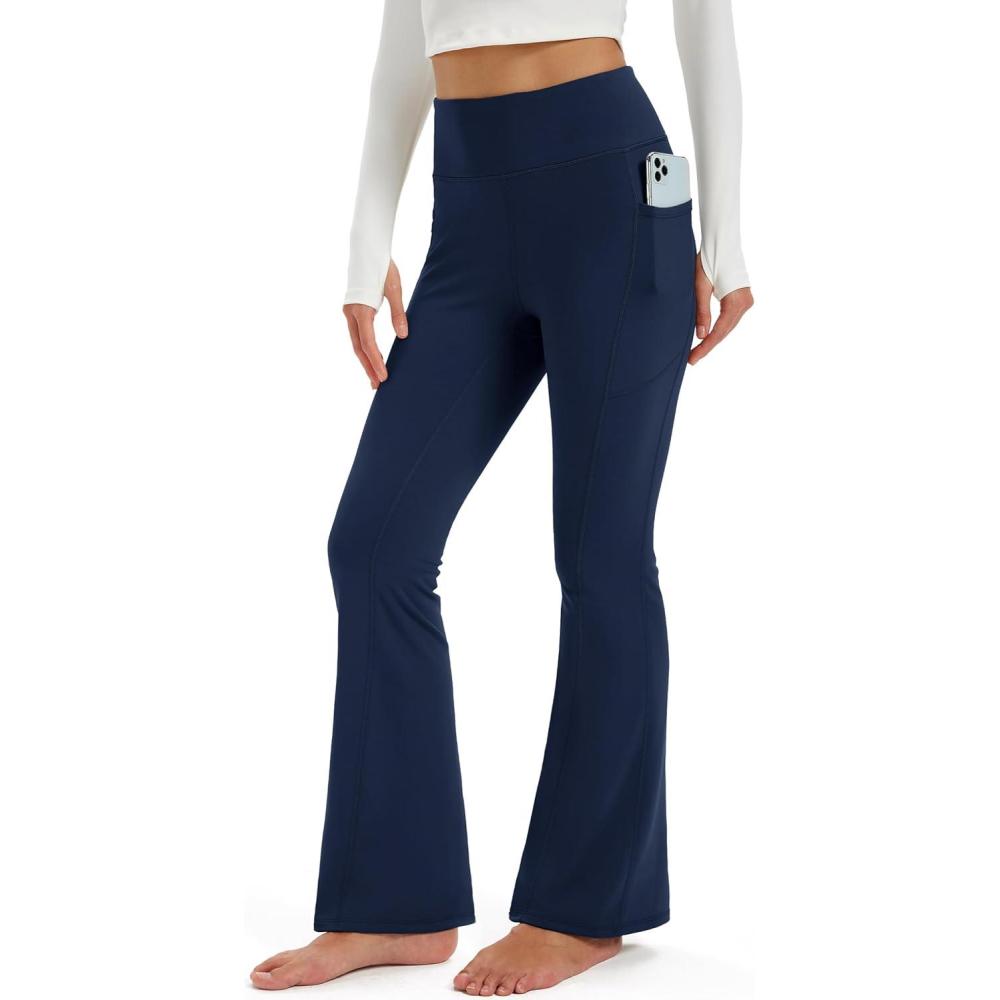 imageMAGCOMSEN Womens Fleece Lined Leggings Flare Pants High Waist Water Resistant Winter Thermal Casual Pants with PocketsNavy