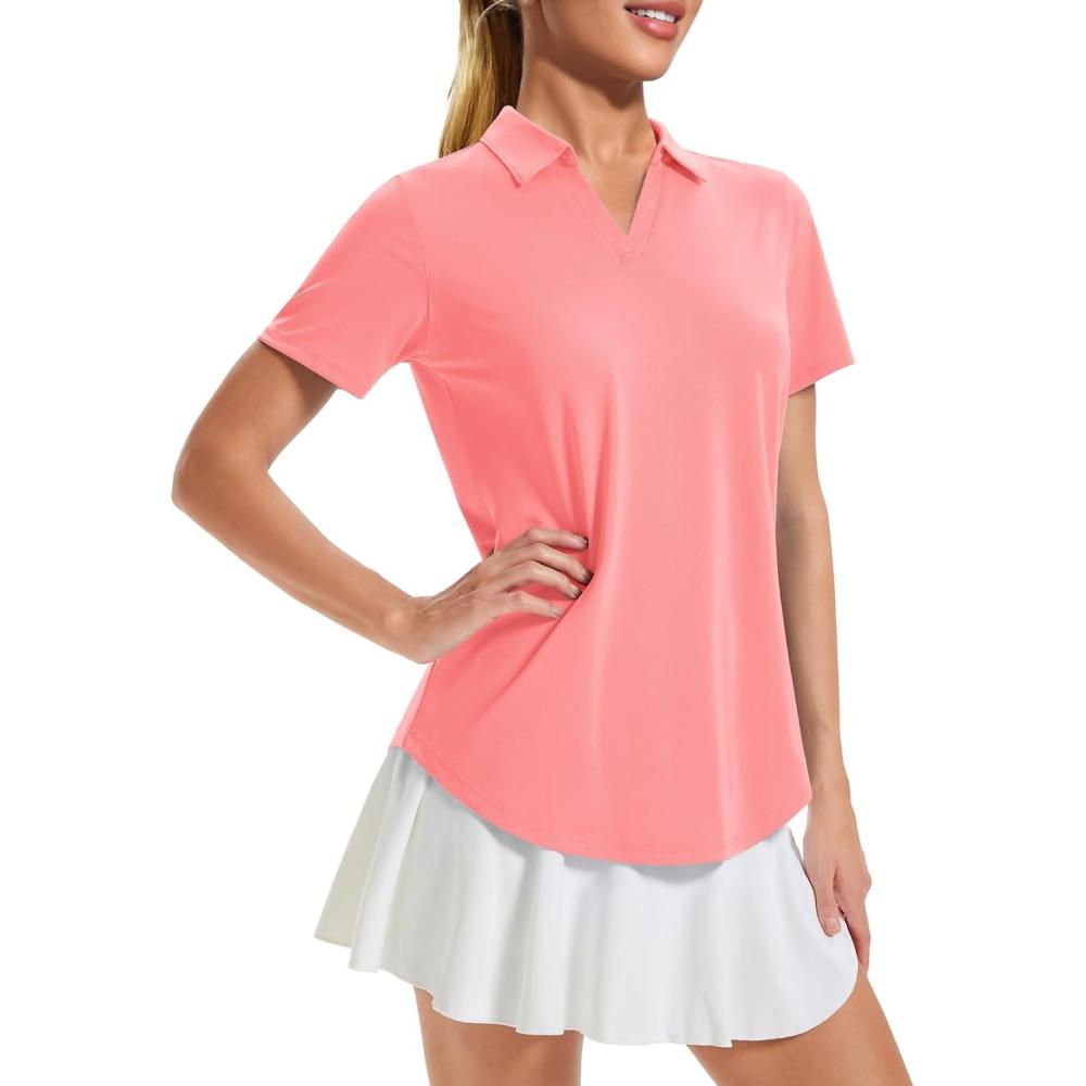 imageMAGCOMSEN Womens Golf Shirts Short Sleeve Polo UPF 50 V Neck Collared Tops Quick Dry Tennis Athletic T ShirtsPink