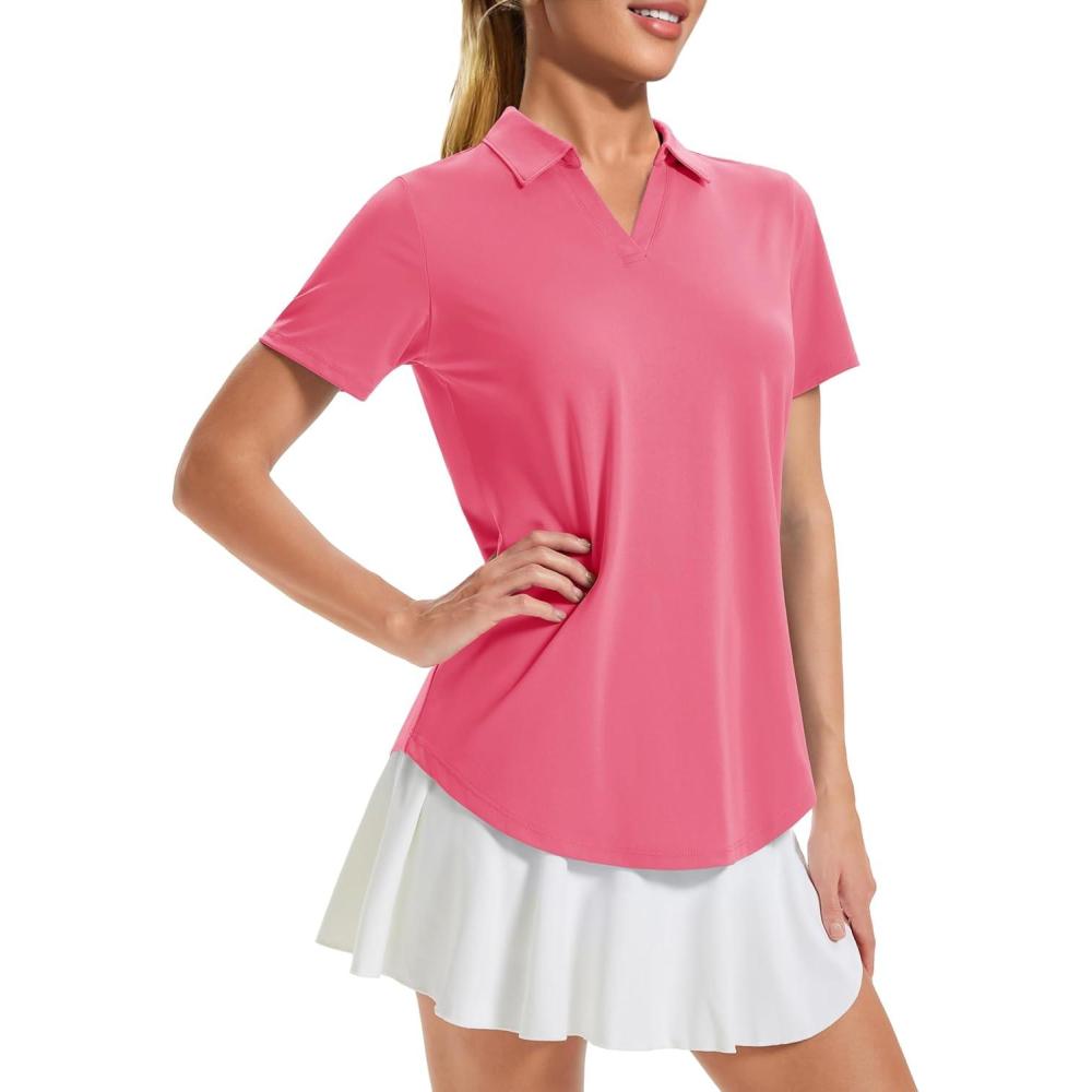 imageMAGCOMSEN Womens Golf Shirts Short Sleeve Polo UPF 50 V Neck Collared Tops Quick Dry Tennis Athletic T ShirtsRosered