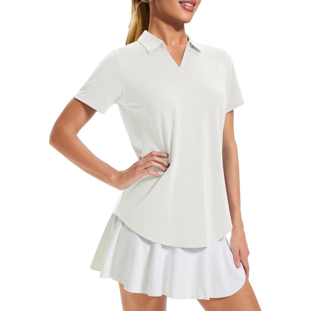 imageMAGCOMSEN Womens Golf Shirts Short Sleeve Polo UPF 50 V Neck Collared Tops Quick Dry Tennis Athletic T ShirtsWhite