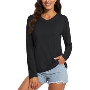 imageMAGCOMSEN SPF Shirts for Women Long Sleeve Workout Tops VNeck UPF 50 UV Sun Shirt Quick Dry Performance Tees Swim TopsBlack