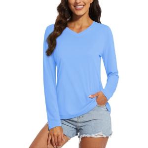 imageMAGCOMSEN SPF Shirts for Women Long Sleeve Workout Tops VNeck UPF 50 UV Sun Shirt Quick Dry Performance Tees Swim TopsBlue