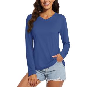 imageMAGCOMSEN SPF Shirts for Women Long Sleeve Workout Tops VNeck UPF 50 UV Sun Shirt Quick Dry Performance Tees Swim TopsBlue Grey