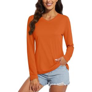 imageMAGCOMSEN SPF Shirts for Women Long Sleeve Workout Tops VNeck UPF 50 UV Sun Shirt Quick Dry Performance Tees Swim TopsDark Orange